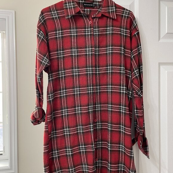 PRETTYLITTLETHING Long Red Flannel Button Up Shirt - US 0 - Picture 1 of 5